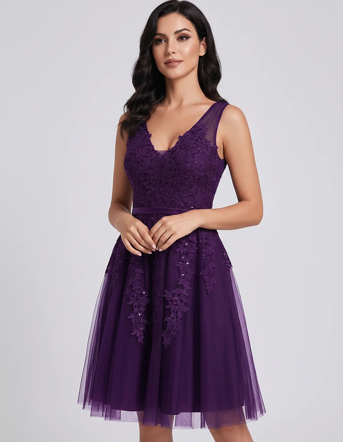 Tulle Lace Appliqué Sleeveless V-Neck A-Line Mini Dress for Party, Cocktail, Evening, Wedding Guest, Summer Events, front vie | SKU: AMD-583947261840157-PLUM-L,AMD-583947261840157-PLUM-M,AMD-583947261840157-PLUM-S,AMD-583947261840157-PLUM-XL,AMD-583947261840157-PLUM-XS