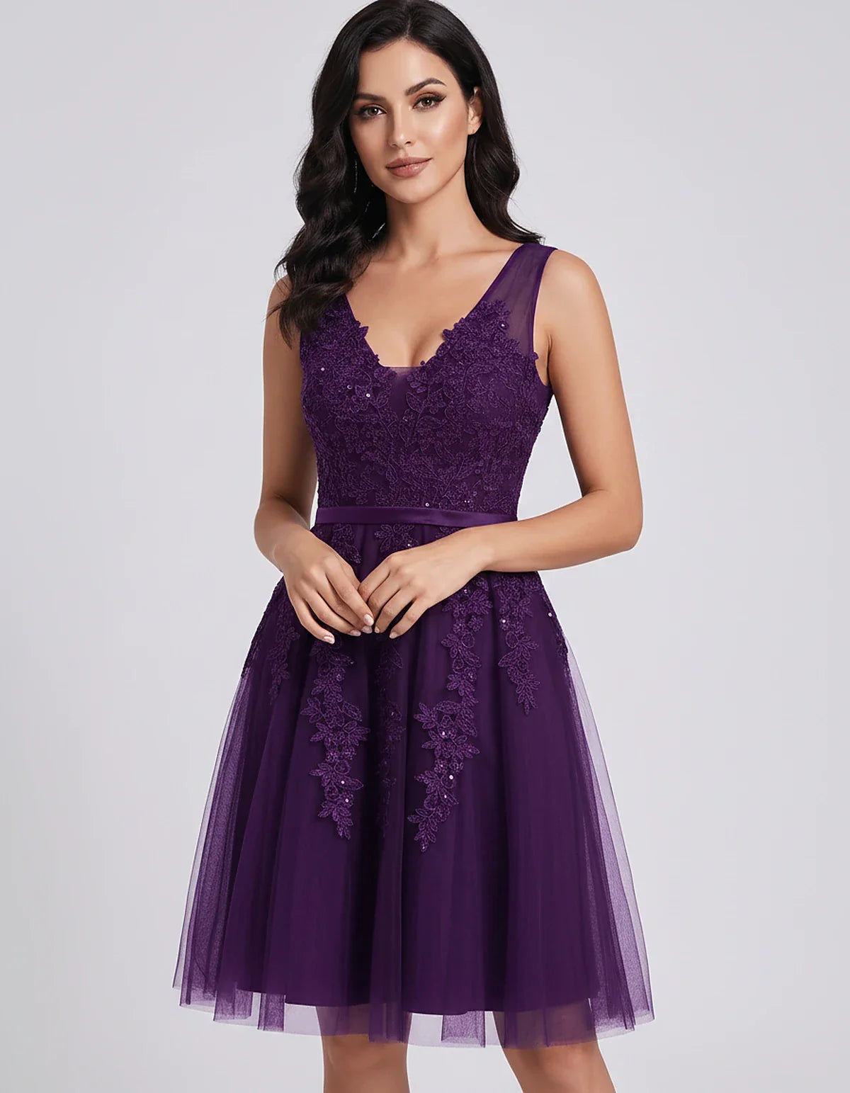 Tulle Lace Appliqué Sleeveless V-Neck A-Line Mini Dress for Party, Cocktail, Evening, Wedding Guest, Summer Events, front vie | SKU: AMD-583947261840157-PLUM-L,AMD-583947261840157-PLUM-M,AMD-583947261840157-PLUM-S,AMD-583947261840157-PLUM-XL,AMD-583947261840157-PLUM-XS