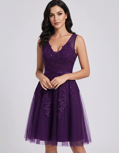 Tulle Lace Appliqué Sleeveless V-Neck A-Line Mini Dress for Party, Cocktail, Evening, Wedding Guest, Summer Events, front vie | SKU: AMD-583947261840157-PLUM-L,AMD-583947261840157-PLUM-M,AMD-583947261840157-PLUM-S,AMD-583947261840157-PLUM-XL,AMD-583947261840157-PLUM-XS