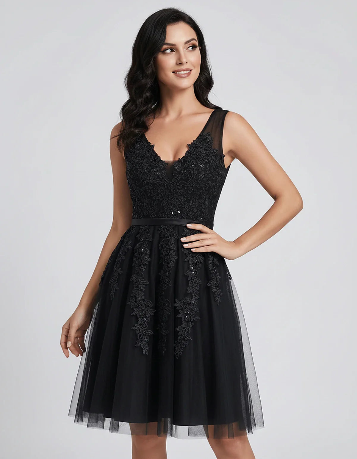 Tulle Lace Appliqué Sleeveless V-Neck A-Line Mini Dress for Party, Cocktail, Evening, Wedding Guest, Summer Events, front vie | SKU: AMD-583947261840157-BLACK-L,AMD-583947261840157-BLACK-M,AMD-583947261840157-BLACK-S,AMD-583947261840157-BLACK-XL,AMD-583947261840157-BLACK-XS