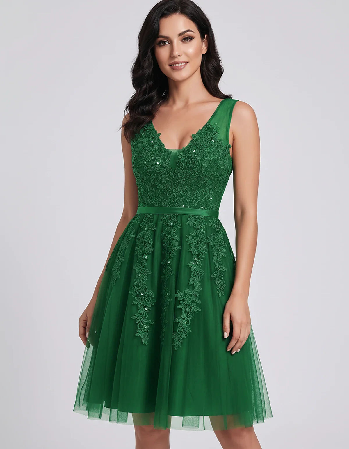 Tulle Lace Appliqué Sleeveless V-Neck A-Line Mini Dress for Party, Cocktail, Evening, Wedding Guest, Summer Events, front vie | SKU: AMD-583947261840157-GREEN-L,AMD-583947261840157-GREEN-M,AMD-583947261840157-GREEN-S,AMD-583947261840157-GREEN-XL,AMD-583947261840157-GREEN-XS