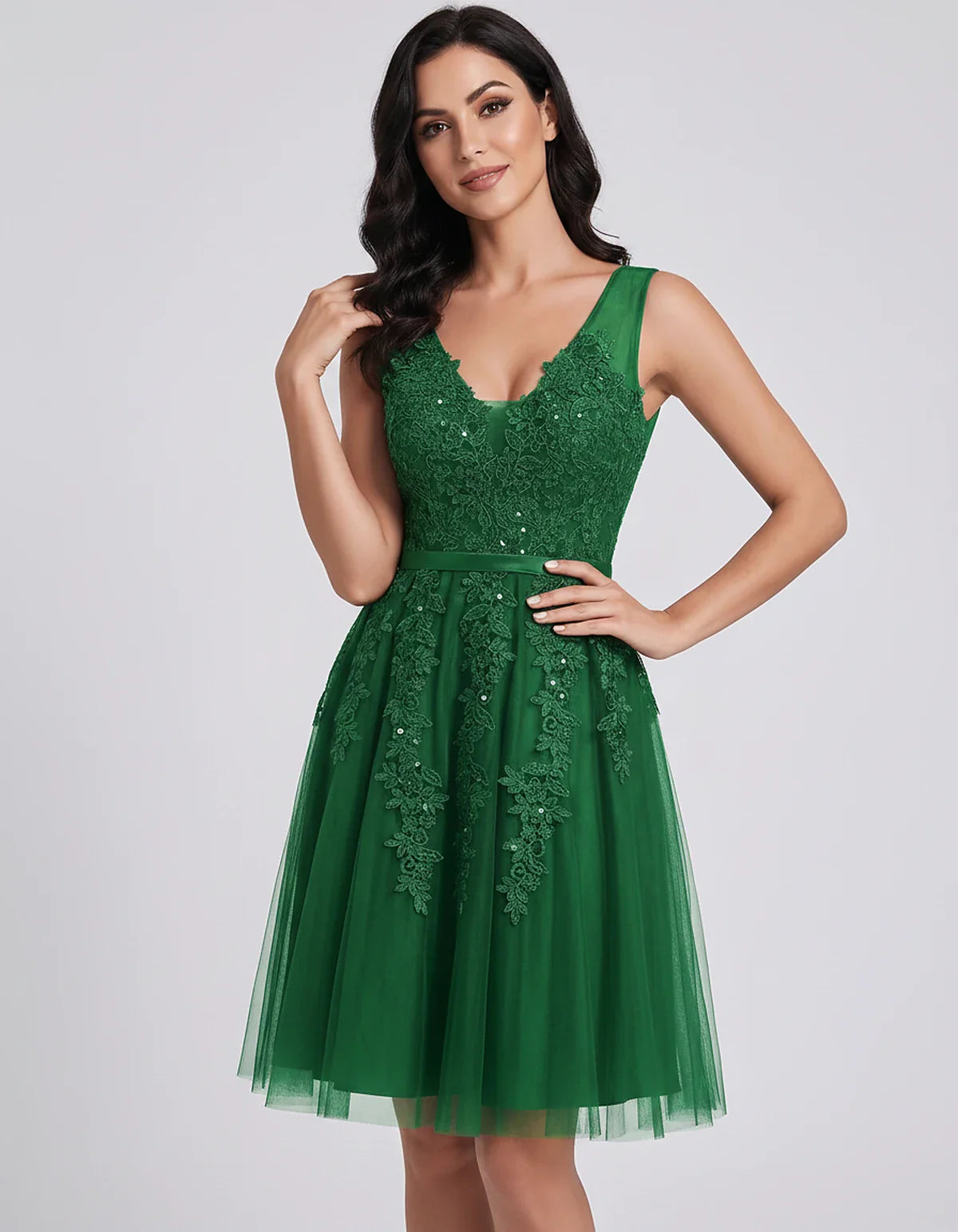 Tulle Lace Appliqué Sleeveless V-Neck A-Line Mini Dress for Party, Cocktail, Evening, Wedding Guest, Summer Events, front vie | SKU: AMD-583947261840157-GREEN-L,AMD-583947261840157-GREEN-M,AMD-583947261840157-GREEN-S,AMD-583947261840157-GREEN-XL,AMD-583947261840157-GREEN-XS