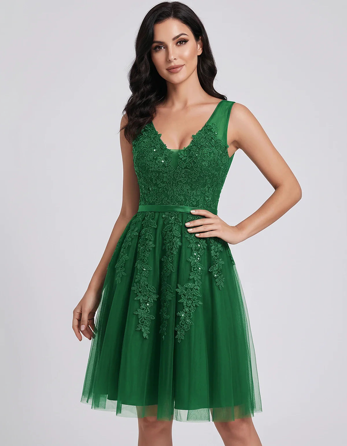 Tulle Lace Appliqué Sleeveless V-Neck A-Line Mini Dress for Party, Cocktail, Evening, Wedding Guest, Summer Events, front vie | SKU: AMD-583947261840157-GREEN-L,AMD-583947261840157-GREEN-M,AMD-583947261840157-GREEN-S,AMD-583947261840157-GREEN-XL,AMD-583947261840157-GREEN-XS