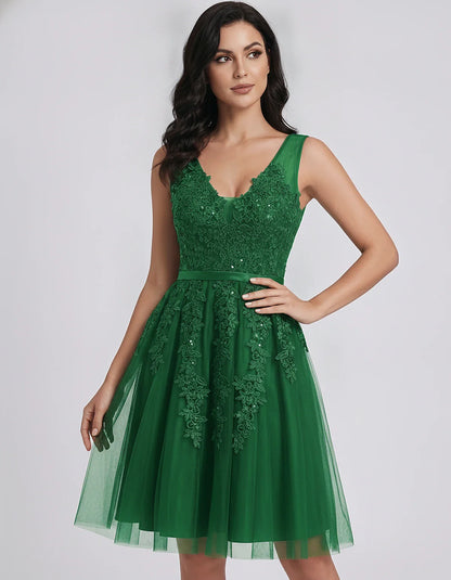 Tulle Lace Appliqué Sleeveless V-Neck A-Line Mini Dress for Party, Cocktail, Evening, Wedding Guest, Summer Events, front vie | SKU: AMD-583947261840157-GREEN-L,AMD-583947261840157-GREEN-M,AMD-583947261840157-GREEN-S,AMD-583947261840157-GREEN-XL,AMD-583947261840157-GREEN-XS