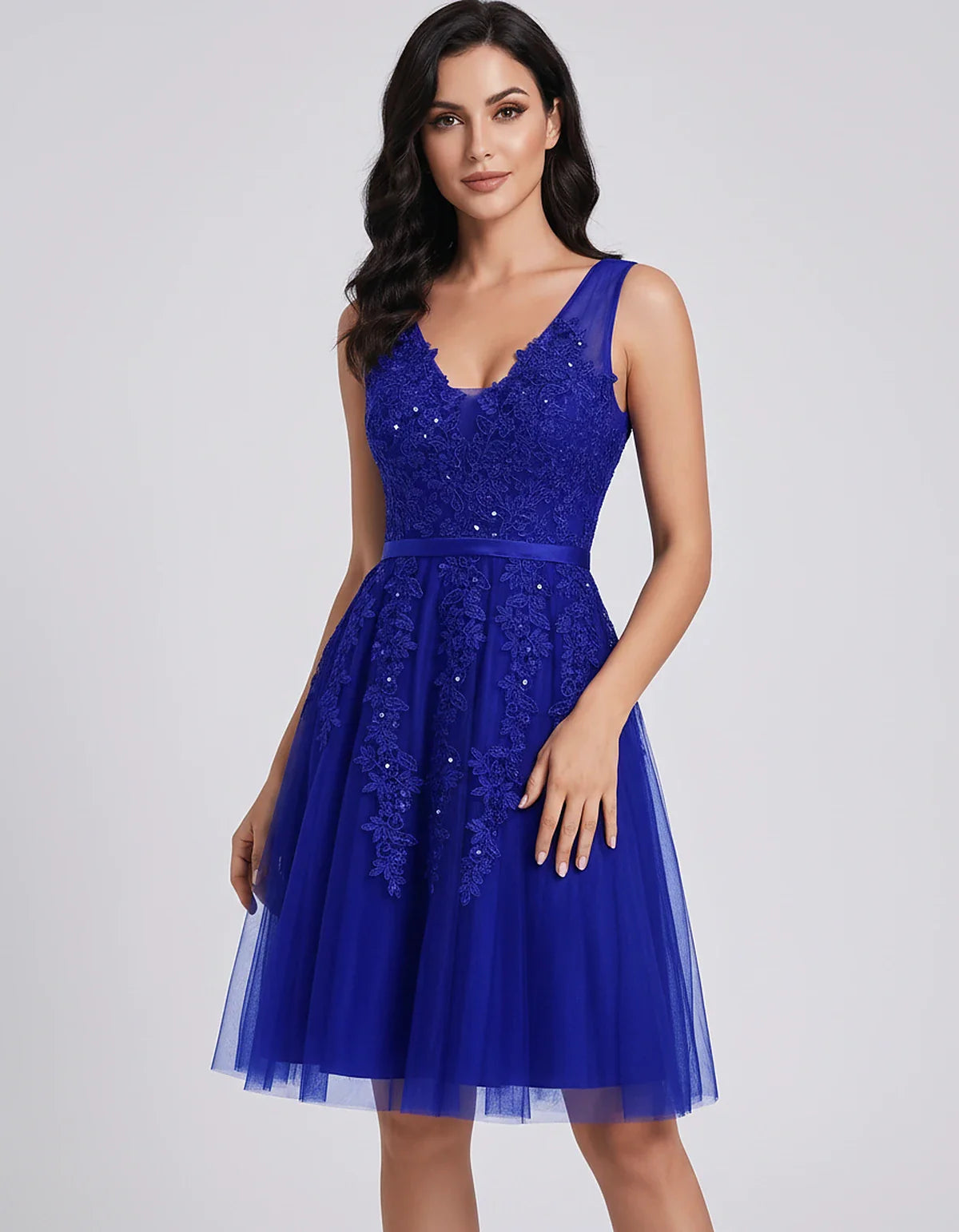 Tulle Lace Appliqué Sleeveless V-Neck A-Line Mini Dress for Party, Cocktail, Evening, Wedding Guest, Summer Events, front vie | SKU: AMD-583947261840157-ROYALBLUE-L,AMD-583947261840157-ROYALBLUE-M,AMD-583947261840157-ROYALBLUE-S,AMD-583947261840157-ROYALBLUE-XL,AMD-583947261840157-ROYALBLUE-XS