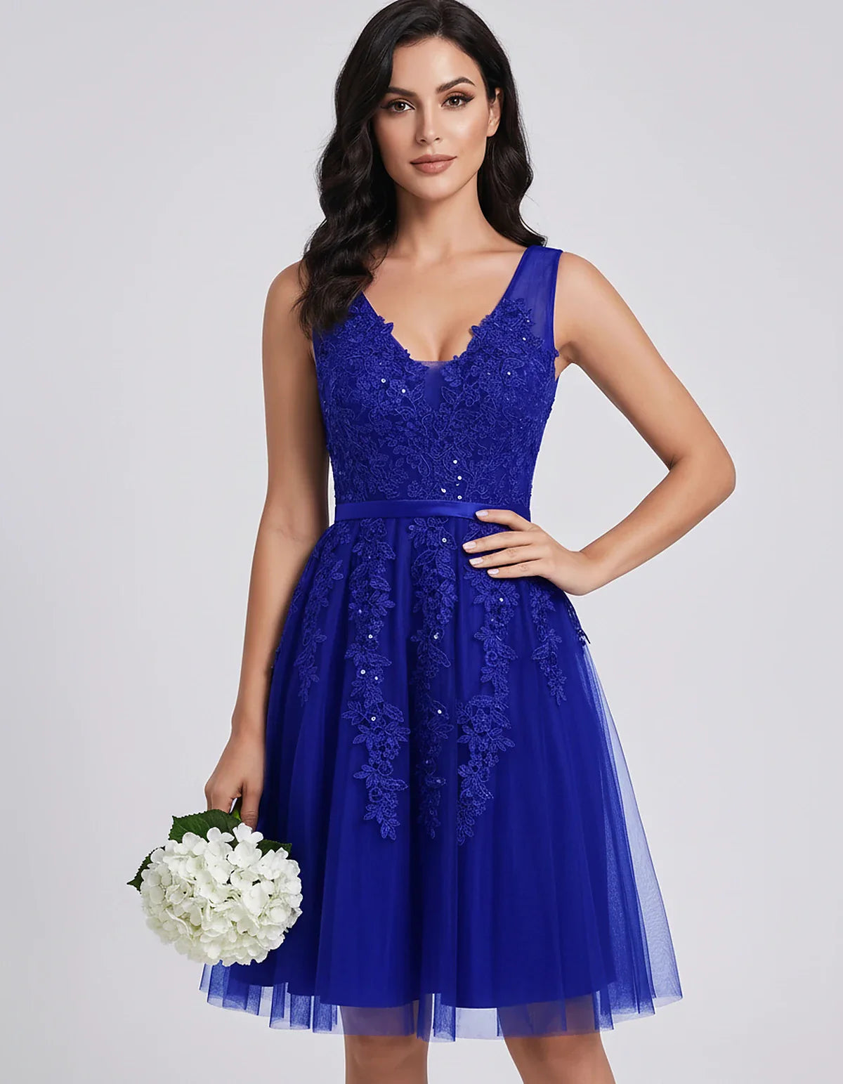 Tulle Lace Appliqué Sleeveless V-Neck A-Line Mini Dress for Party, Cocktail, Evening, Wedding Guest, Summer Events, front vie | SKU: AMD-583947261840157-ROYALBLUE-L,AMD-583947261840157-ROYALBLUE-M,AMD-583947261840157-ROYALBLUE-S,AMD-583947261840157-ROYALBLUE-XL,AMD-583947261840157-ROYALBLUE-XS