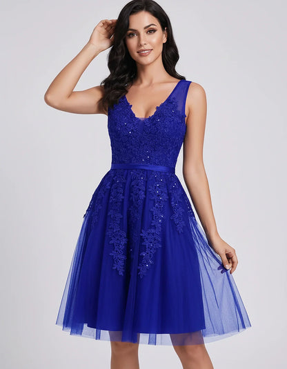 Tulle Lace Appliqué Sleeveless V-Neck A-Line Mini Dress for Party, Cocktail, Evening, Wedding Guest, Summer Events, front vie | SKU: AMD-583947261840157-ROYALBLUE-L,AMD-583947261840157-ROYALBLUE-M,AMD-583947261840157-ROYALBLUE-S,AMD-583947261840157-ROYALBLUE-XL,AMD-583947261840157-ROYALBLUE-XS