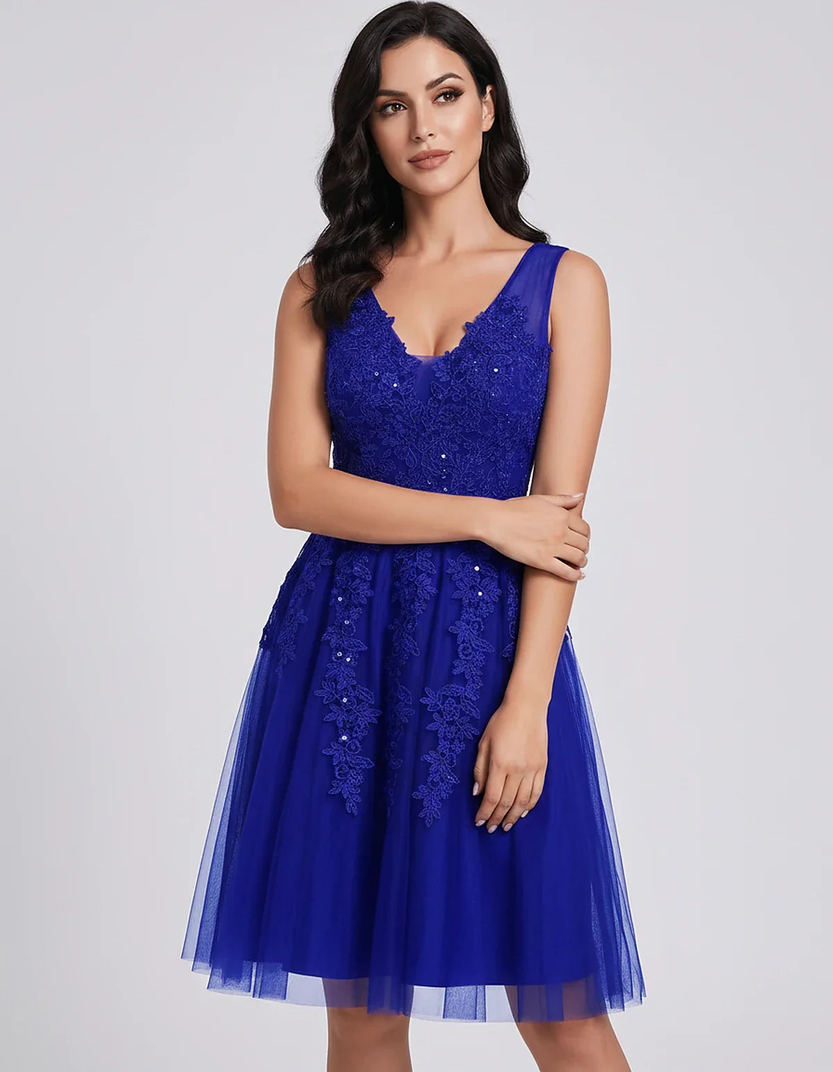 Tulle Lace Appliqué Sleeveless V-Neck A-Line Mini Dress for Party, Cocktail, Evening, Wedding Guest, Summer Events, front vie | SKU: AMD-583947261840157-ROYALBLUE-L,AMD-583947261840157-ROYALBLUE-M,AMD-583947261840157-ROYALBLUE-S,AMD-583947261840157-ROYALBLUE-XL,AMD-583947261840157-ROYALBLUE-XS