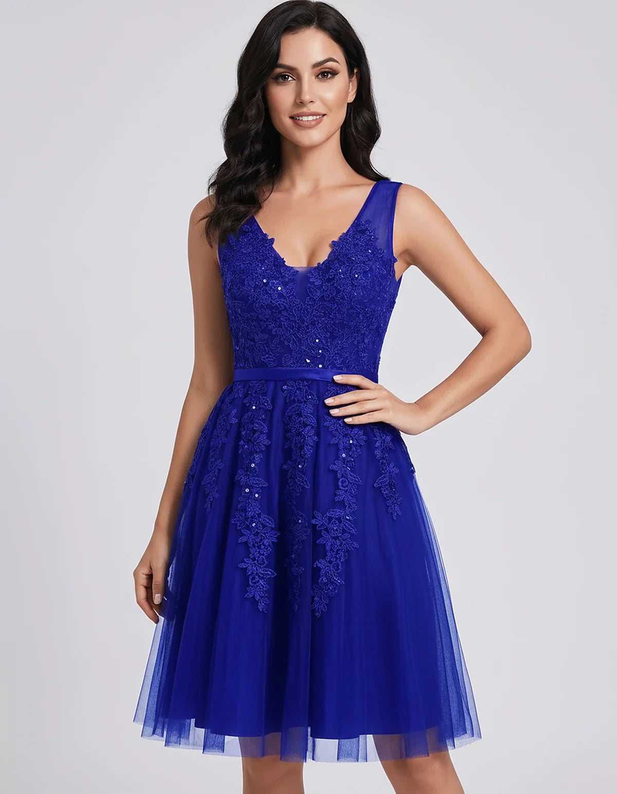 Tulle Lace Appliqué Sleeveless V-Neck A-Line Mini Dress for Party, Cocktail, Evening, Wedding Guest, Summer Events, front vie | SKU: AMD-583947261840157-ROYALBLUE-L,AMD-583947261840157-ROYALBLUE-M,AMD-583947261840157-ROYALBLUE-S,AMD-583947261840157-ROYALBLUE-XL,AMD-583947261840157-ROYALBLUE-XS