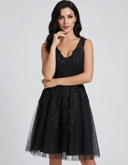 Tulle Lace Appliqué Sleeveless V-Neck A-Line Mini Dress for Party, Cocktail, Evening, Wedding Guest, Summer Events, front vie | SKU: AMD-583947261840157-BLACK-L,AMD-583947261840157-BLACK-M,AMD-583947261840157-BLACK-S,AMD-583947261840157-BLACK-XL,AMD-583947261840157-BLACK-XS