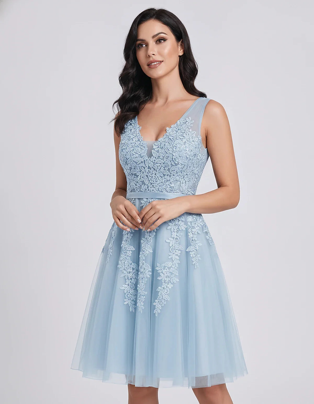 Tulle Lace Appliqué Sleeveless V-Neck A-Line Mini Dress for Party, Cocktail, Evening, Wedding Guest, Summer Events, front vie | SKU: AMD-583947261840157-LIGHTBLUE-L,AMD-583947261840157-LIGHTBLUE-M,AMD-583947261840157-LIGHTBLUE-S,AMD-583947261840157-LIGHTBLUE-XL,AMD-583947261840157-LIGHTBLUE-XS