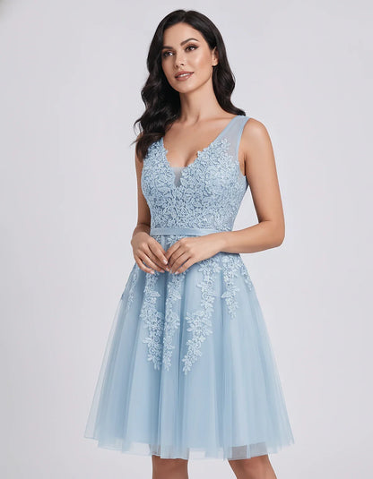 Tulle Lace Appliqué Sleeveless V-Neck A-Line Mini Dress for Party, Cocktail, Evening, Wedding Guest, Summer Events, front vie | SKU: AMD-583947261840157-LIGHTBLUE-L,AMD-583947261840157-LIGHTBLUE-M,AMD-583947261840157-LIGHTBLUE-S,AMD-583947261840157-LIGHTBLUE-XL,AMD-583947261840157-LIGHTBLUE-XS