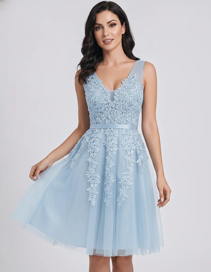 Tulle Lace Appliqué Sleeveless V-Neck A-Line Mini Dress for Party, Cocktail, Evening, Wedding Guest, Summer Events, front vie | SKU: AMD-583947261840157-LIGHTBLUE-L,AMD-583947261840157-LIGHTBLUE-M,AMD-583947261840157-LIGHTBLUE-S,AMD-583947261840157-LIGHTBLUE-XL,AMD-583947261840157-LIGHTBLUE-XS
