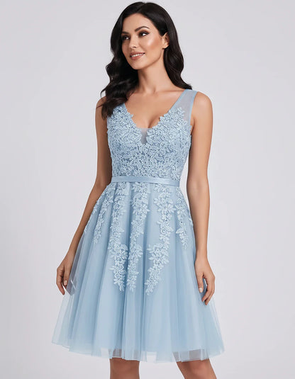 Tulle Lace Appliqué Sleeveless V-Neck A-Line Mini Dress for Party, Cocktail, Evening, Wedding Guest, Summer Events, front vie | SKU: AMD-583947261840157-LIGHTBLUE-L,AMD-583947261840157-LIGHTBLUE-M,AMD-583947261840157-LIGHTBLUE-S,AMD-583947261840157-LIGHTBLUE-XL,AMD-583947261840157-LIGHTBLUE-XS