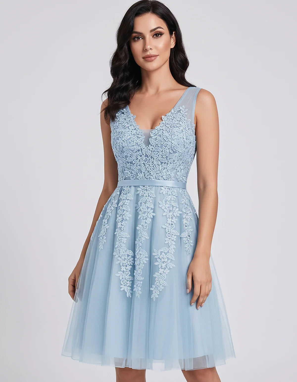 Tulle Lace Appliqué Sleeveless V-Neck A-Line Mini Dress for Party, Cocktail, Evening, Wedding Guest, Summer Events, front vie | SKU: AMD-583947261840157-LIGHTBLUE-L,AMD-583947261840157-LIGHTBLUE-M,AMD-583947261840157-LIGHTBLUE-S,AMD-583947261840157-LIGHTBLUE-XL,AMD-583947261840157-LIGHTBLUE-XS