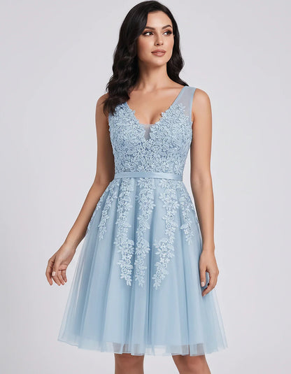 Tulle Lace Appliqué Sleeveless V-Neck A-Line Mini Dress for Party, Cocktail, Evening, Wedding Guest, Summer Events, front vie | SKU: AMD-583947261840157-LIGHTBLUE-L,AMD-583947261840157-LIGHTBLUE-M,AMD-583947261840157-LIGHTBLUE-S,AMD-583947261840157-LIGHTBLUE-XL,AMD-583947261840157-LIGHTBLUE-XS