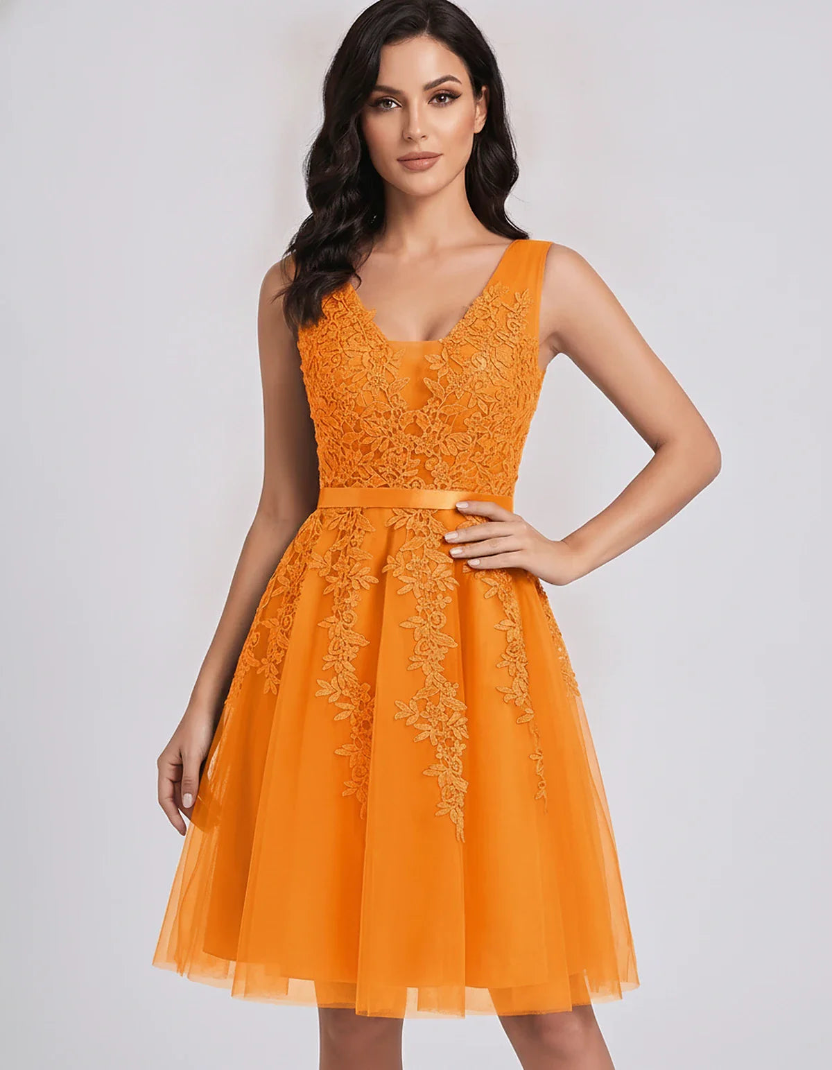 Tulle Lace Appliqué Sleeveless V-Neck A-Line Mini Dress for Party, Cocktail, Evening, Wedding Guest, Summer Events, front vie | SKU: AMD-583947261840157-ORANGE-L,AMD-583947261840157-ORANGE-M,AMD-583947261840157-ORANGE-S,AMD-583947261840157-ORANGE-XL,AMD-583947261840157-ORANGE-XS