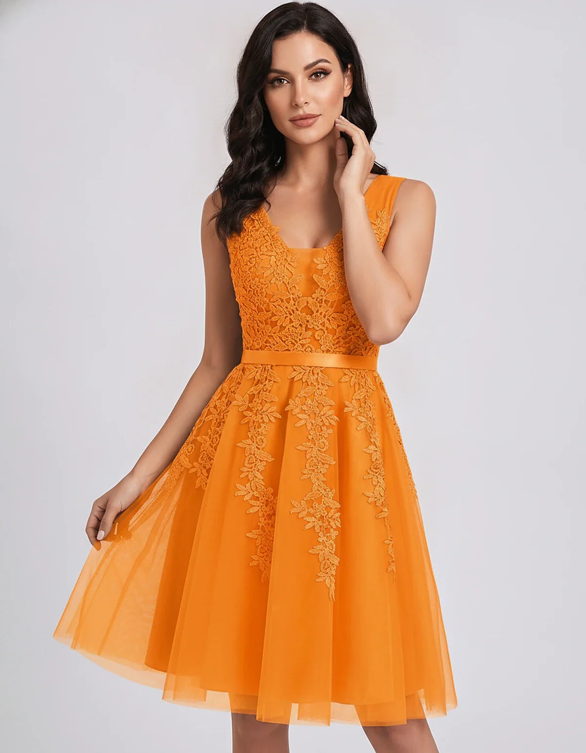 Tulle Lace Appliqué Sleeveless V-Neck A-Line Mini Dress for Party, Cocktail, Evening, Wedding Guest, Summer Events, front vie | SKU: AMD-583947261840157-ORANGE-L,AMD-583947261840157-ORANGE-M,AMD-583947261840157-ORANGE-S,AMD-583947261840157-ORANGE-XL,AMD-583947261840157-ORANGE-XS