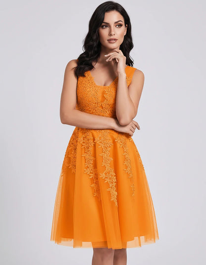 Tulle Lace Appliqué Sleeveless V-Neck A-Line Mini Dress for Party, Cocktail, Evening, Wedding Guest, Summer Events, front vie | SKU: AMD-583947261840157-ORANGE-L,AMD-583947261840157-ORANGE-M,AMD-583947261840157-ORANGE-S,AMD-583947261840157-ORANGE-XL,AMD-583947261840157-ORANGE-XS