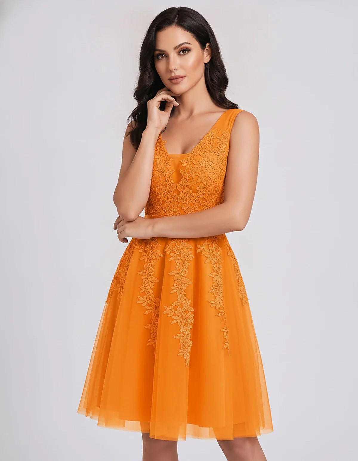 Tulle Lace Appliqué Sleeveless V-Neck A-Line Mini Dress for Party, Cocktail, Evening, Wedding Guest, Summer Events, front vie | SKU: AMD-583947261840157-ORANGE-L,AMD-583947261840157-ORANGE-M,AMD-583947261840157-ORANGE-S,AMD-583947261840157-ORANGE-XL,AMD-583947261840157-ORANGE-XS