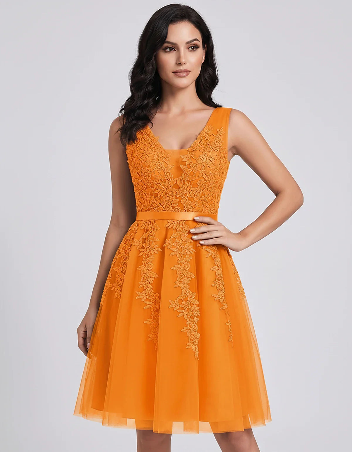 Tulle Lace Appliqué Sleeveless V-Neck A-Line Mini Dress for Party, Cocktail, Evening, Wedding Guest, Summer Events, front vie | SKU: AMD-583947261840157-ORANGE-L,AMD-583947261840157-ORANGE-M,AMD-583947261840157-ORANGE-S,AMD-583947261840157-ORANGE-XL,AMD-583947261840157-ORANGE-XS