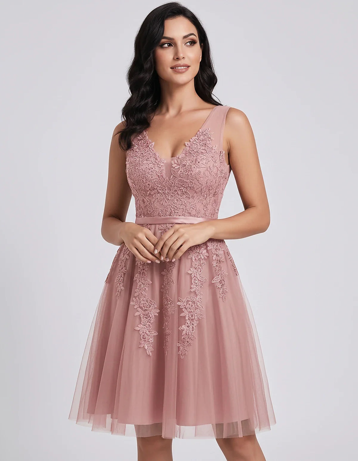 Tulle Lace Appliqué Sleeveless V-Neck A-Line Mini Dress for Party, Cocktail, Evening, Wedding Guest, Summer Events, front vie | SKU: AMD-583947261840157-BLUSH-L,AMD-583947261840157-BLUSH-M,AMD-583947261840157-BLUSH-S,AMD-583947261840157-BLUSH-XL,AMD-583947261840157-BLUSH-XS