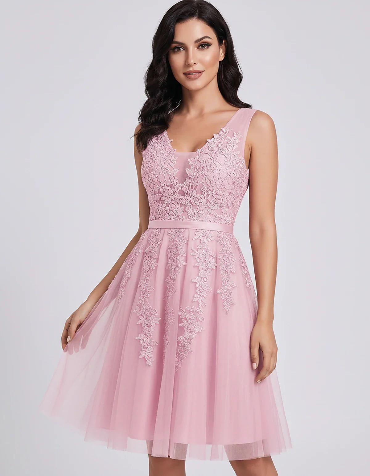 Tulle Lace Appliqué Sleeveless V-Neck A-Line Mini Dress for Party, Cocktail, Evening, Wedding Guest, Summer Events, front vie | SKU: AMD-583947261840157-PINK-L,AMD-583947261840157-PINK-M,AMD-583947261840157-PINK-S,AMD-583947261840157-PINK-XL,AMD-583947261840157-PINK-XS