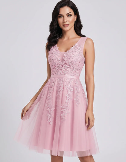 Tulle Lace Appliqué Sleeveless V-Neck A-Line Mini Dress for Party, Cocktail, Evening, Wedding Guest, Summer Events, front vie | SKU: AMD-583947261840157-PINK-L,AMD-583947261840157-PINK-M,AMD-583947261840157-PINK-S,AMD-583947261840157-PINK-XL,AMD-583947261840157-PINK-XS