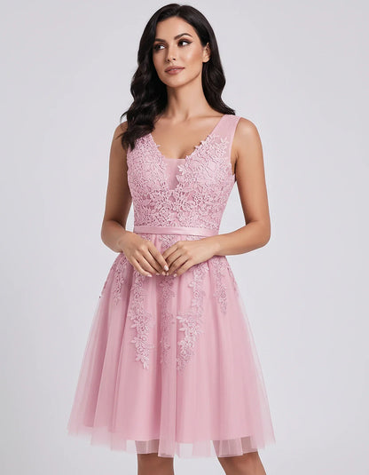 Tulle Lace Appliqué Sleeveless V-Neck A-Line Mini Dress for Party, Cocktail, Evening, Wedding Guest, Summer Events, front vie | SKU: AMD-583947261840157-PINK-L,AMD-583947261840157-PINK-M,AMD-583947261840157-PINK-S,AMD-583947261840157-PINK-XL,AMD-583947261840157-PINK-XS
