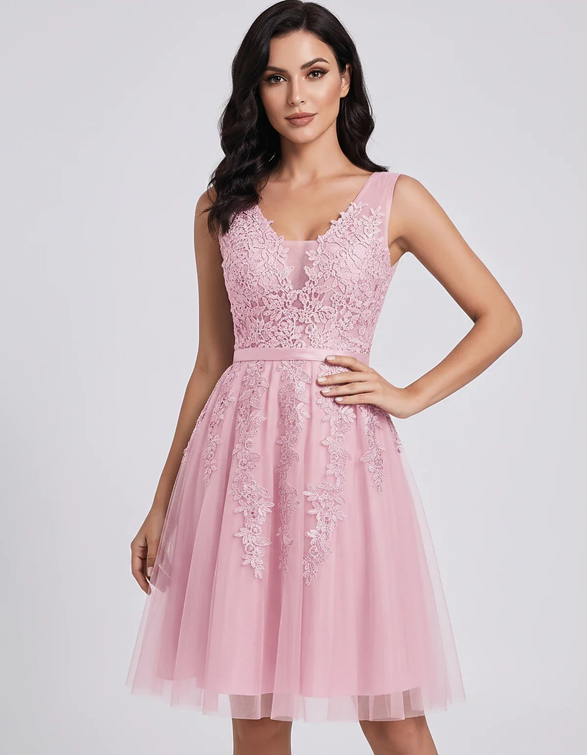 Tulle Lace Appliqué Sleeveless V-Neck A-Line Mini Dress for Party, Cocktail, Evening, Wedding Guest, Summer Events, front vie | SKU: AMD-583947261840157-PINK-L,AMD-583947261840157-PINK-M,AMD-583947261840157-PINK-S,AMD-583947261840157-PINK-XL,AMD-583947261840157-PINK-XS