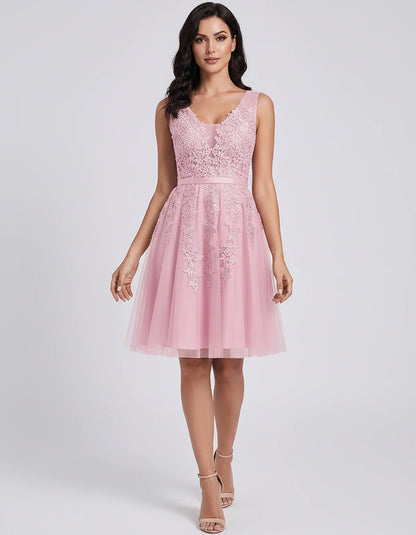 Tulle Lace Appliqué Sleeveless V-Neck A-Line Mini Dress for Party, Cocktail, Evening, Wedding Guest, Summer Events, front vie | SKU: AMD-583947261840157-PINK-L,AMD-583947261840157-PINK-M,AMD-583947261840157-PINK-S,AMD-583947261840157-PINK-XL,AMD-583947261840157-PINK-XS