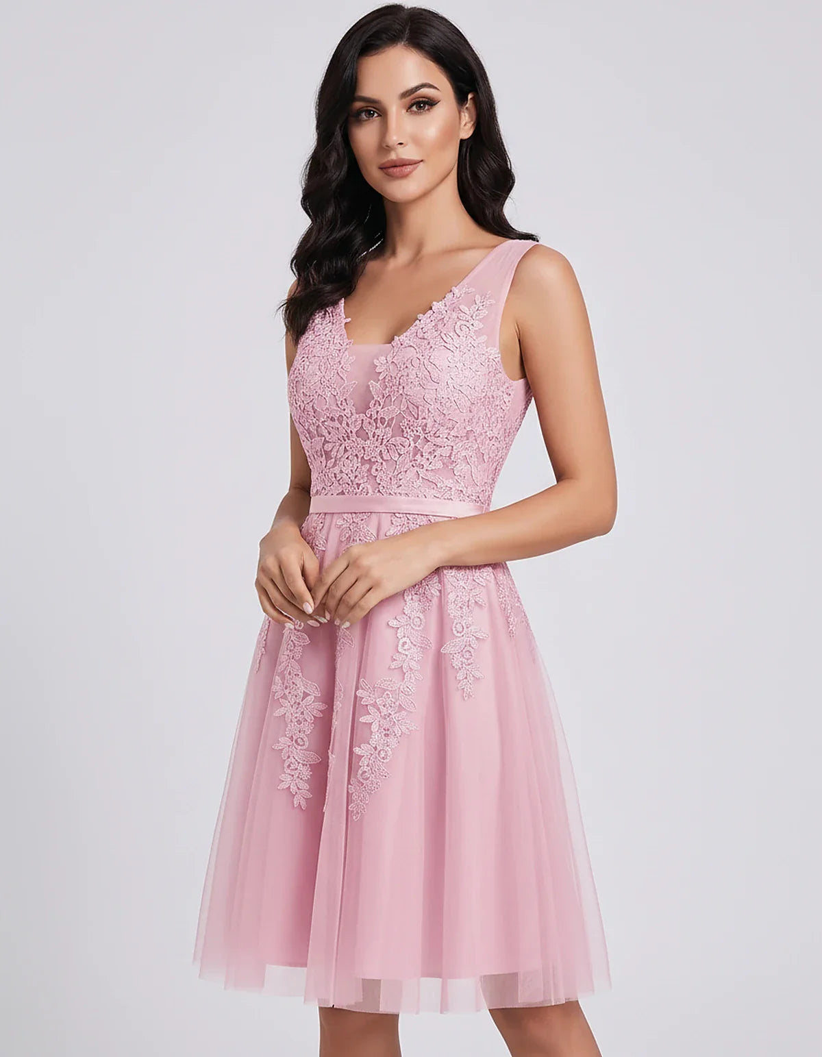 Tulle Lace Appliqué Sleeveless V-Neck A-Line Mini Dress for Party, Cocktail, Evening, Wedding Guest, Summer Events, front vie | SKU: AMD-583947261840157-PINK-L,AMD-583947261840157-PINK-M,AMD-583947261840157-PINK-S,AMD-583947261840157-PINK-XL,AMD-583947261840157-PINK-XS