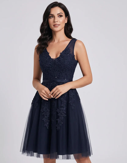 Tulle Lace Appliqué Sleeveless V-Neck A-Line Mini Dress for Party, Cocktail, Evening, Wedding Guest, Summer Events, front vie | SKU: AMD-583947261840157-NAVY-L,AMD-583947261840157-NAVY-M,AMD-583947261840157-NAVY-S,AMD-583947261840157-NAVY-XL,AMD-583947261840157-NAVY-XS