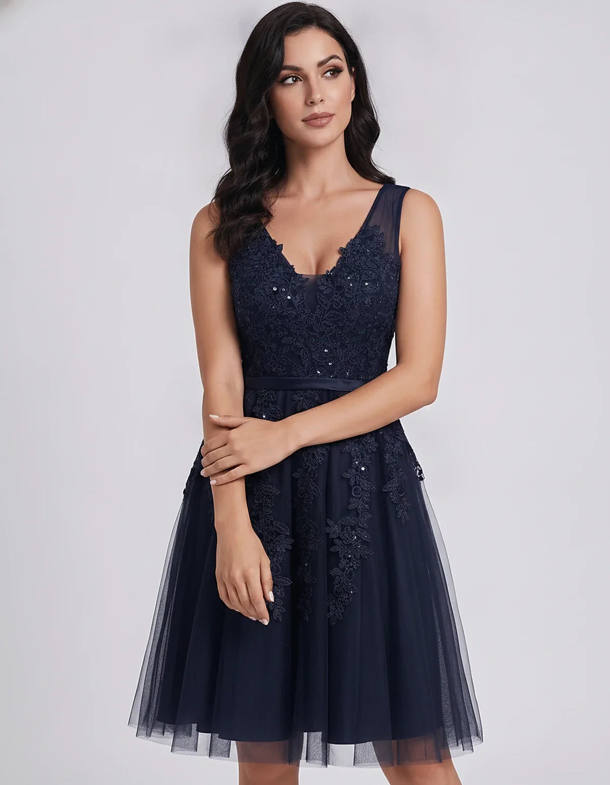 Tulle Lace Appliqué Sleeveless V-Neck A-Line Mini Dress for Party, Cocktail, Evening, Wedding Guest, Summer Events, front vie | SKU: AMD-583947261840157-NAVY-L,AMD-583947261840157-NAVY-M,AMD-583947261840157-NAVY-S,AMD-583947261840157-NAVY-XL,AMD-583947261840157-NAVY-XS