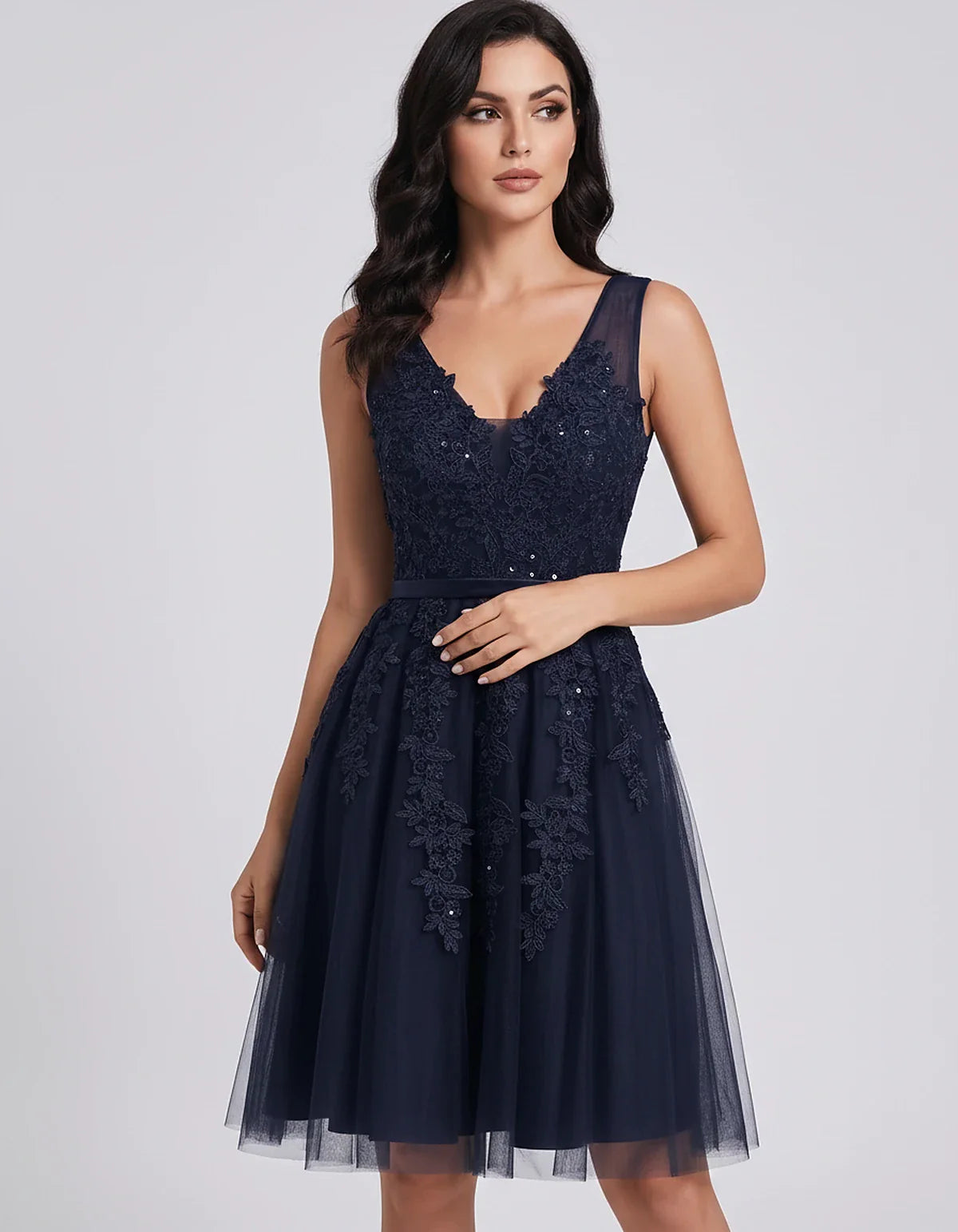 Tulle Lace Appliqué Sleeveless V-Neck A-Line Mini Dress for Party, Cocktail, Evening, Wedding Guest, Summer Events, front vie | SKU: AMD-583947261840157-NAVY-L,AMD-583947261840157-NAVY-M,AMD-583947261840157-NAVY-S,AMD-583947261840157-NAVY-XL,AMD-583947261840157-NAVY-XS