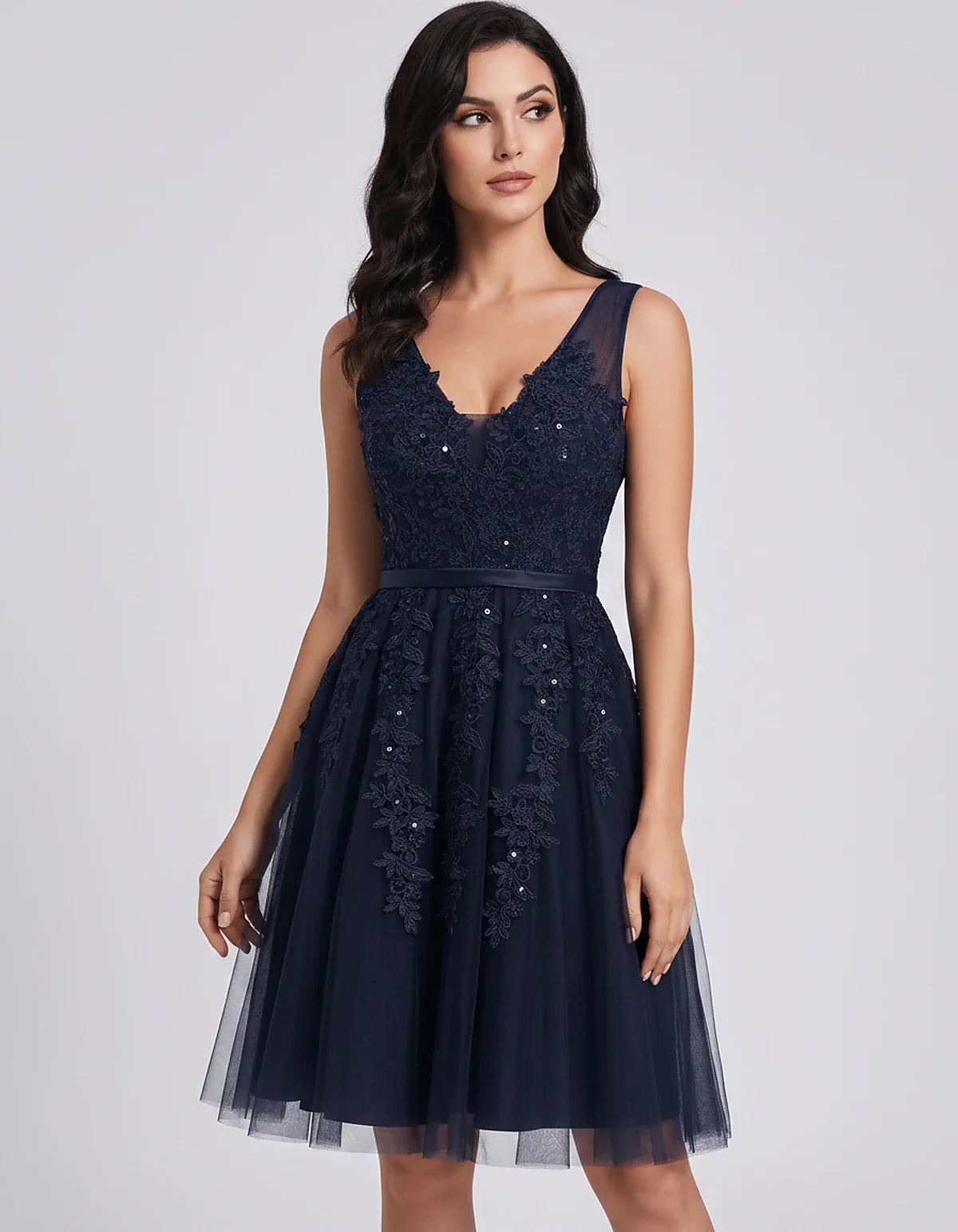 Tulle Lace Appliqué Sleeveless V-Neck A-Line Mini Dress for Party, Cocktail, Evening, Wedding Guest, Summer Events, front vie | SKU: AMD-583947261840157-NAVY-L,AMD-583947261840157-NAVY-M,AMD-583947261840157-NAVY-S,AMD-583947261840157-NAVY-XL,AMD-583947261840157-NAVY-XS