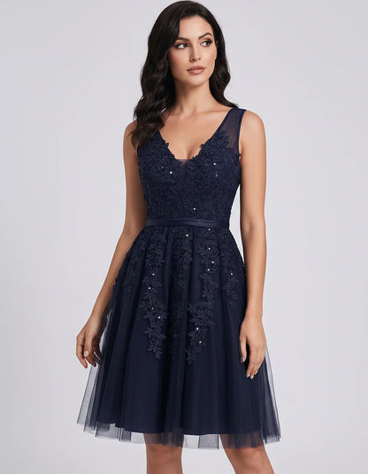 Tulle Lace Appliqué Sleeveless V-Neck A-Line Mini Dress for Party, Cocktail, Evening, Wedding Guest, Summer Events, front vie | SKU: AMD-583947261840157-NAVY-L,AMD-583947261840157-NAVY-M,AMD-583947261840157-NAVY-S,AMD-583947261840157-NAVY-XL,AMD-583947261840157-NAVY-XS