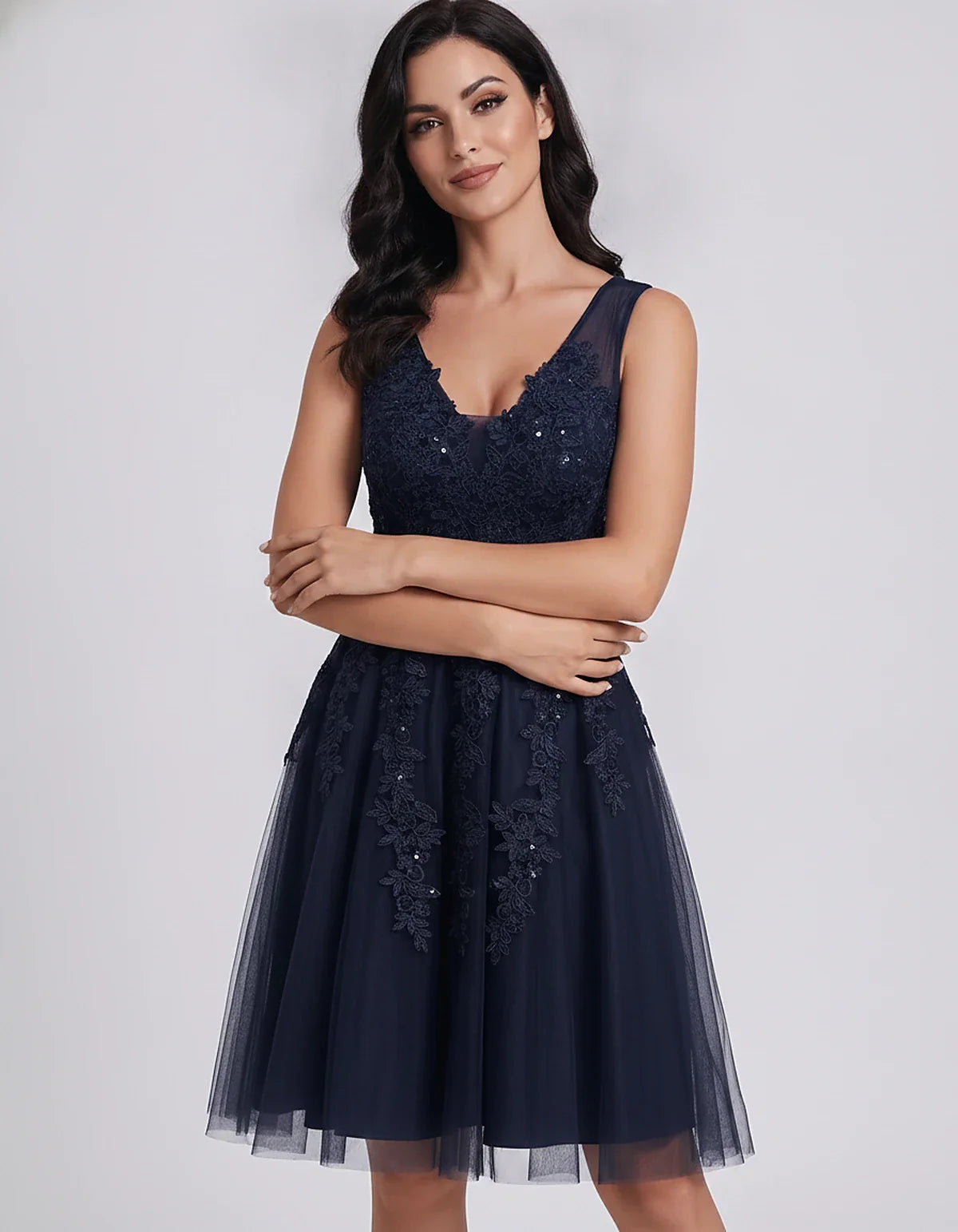 Tulle Lace Appliqué Sleeveless V-Neck A-Line Mini Dress for Party, Cocktail, Evening, Wedding Guest, Summer Events, front vie | SKU: AMD-583947261840157-NAVY-L,AMD-583947261840157-NAVY-M,AMD-583947261840157-NAVY-S,AMD-583947261840157-NAVY-XL,AMD-583947261840157-NAVY-XS