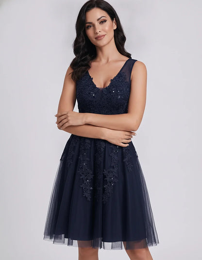 Tulle Lace Appliqué Sleeveless V-Neck A-Line Mini Dress for Party, Cocktail, Evening, Wedding Guest, Summer Events, front vie | SKU: AMD-583947261840157-NAVY-L,AMD-583947261840157-NAVY-M,AMD-583947261840157-NAVY-S,AMD-583947261840157-NAVY-XL,AMD-583947261840157-NAVY-XS