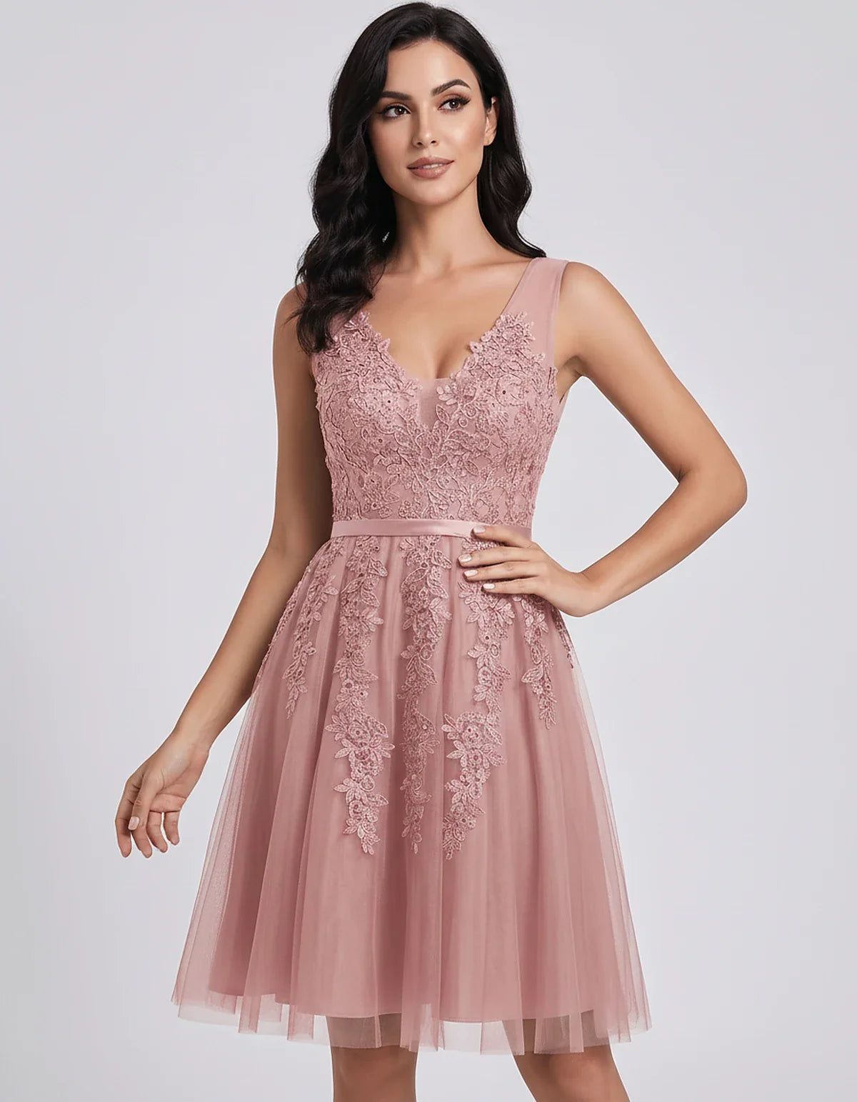 Tulle Lace Appliqué Sleeveless V-Neck A-Line Mini Dress for Party, Cocktail, Evening, Wedding Guest, Summer Events, front vie | SKU: AMD-583947261840157-BLUSH-L,AMD-583947261840157-BLUSH-M,AMD-583947261840157-BLUSH-S,AMD-583947261840157-BLUSH-XL,AMD-583947261840157-BLUSH-XS