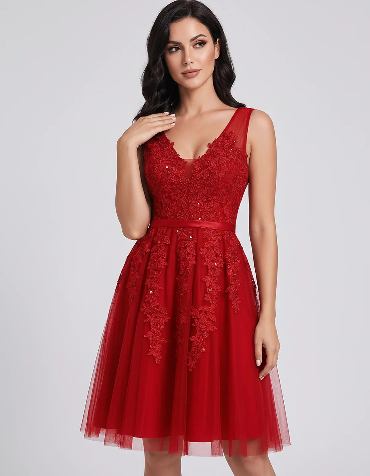 Tulle Lace Appliqué Sleeveless V-Neck A-Line Mini Dress for Party, Cocktail, Evening, Wedding Guest, Summer Events, front vie | SKU: AMD-583947261840157-RED-L,AMD-583947261840157-RED-M,AMD-583947261840157-RED-S,AMD-583947261840157-RED-XL,AMD-583947261840157-RED-XS