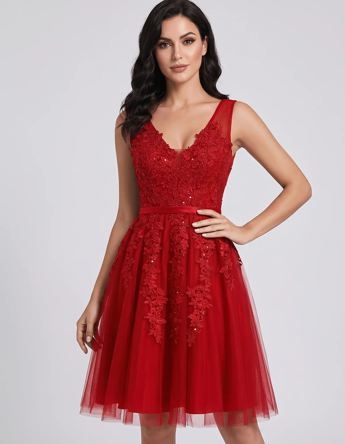 Tulle Lace Appliqué Sleeveless V-Neck A-Line Mini Dress for Party, Cocktail, Evening, Wedding Guest, Summer Events, front vie | SKU: AMD-583947261840157-RED-L,AMD-583947261840157-RED-M,AMD-583947261840157-RED-S,AMD-583947261840157-RED-XL,AMD-583947261840157-RED-XS