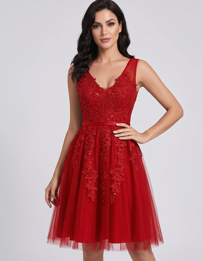 Tulle Lace Appliqué Sleeveless V-Neck A-Line Mini Dress for Party, Cocktail, Evening, Wedding Guest, Summer Events, front vie | SKU: AMD-583947261840157-RED-L,AMD-583947261840157-RED-M,AMD-583947261840157-RED-S,AMD-583947261840157-RED-XL,AMD-583947261840157-RED-XS