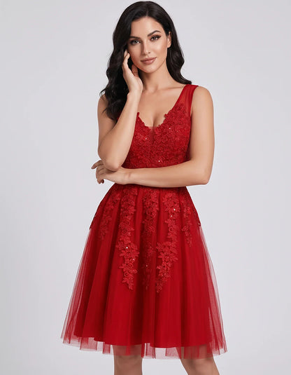 Tulle Lace Appliqué Sleeveless V-Neck A-Line Mini Dress for Party, Cocktail, Evening, Wedding Guest, Summer Events, front vie | SKU: AMD-583947261840157-RED-L,AMD-583947261840157-RED-M,AMD-583947261840157-RED-S,AMD-583947261840157-RED-XL,AMD-583947261840157-RED-XS