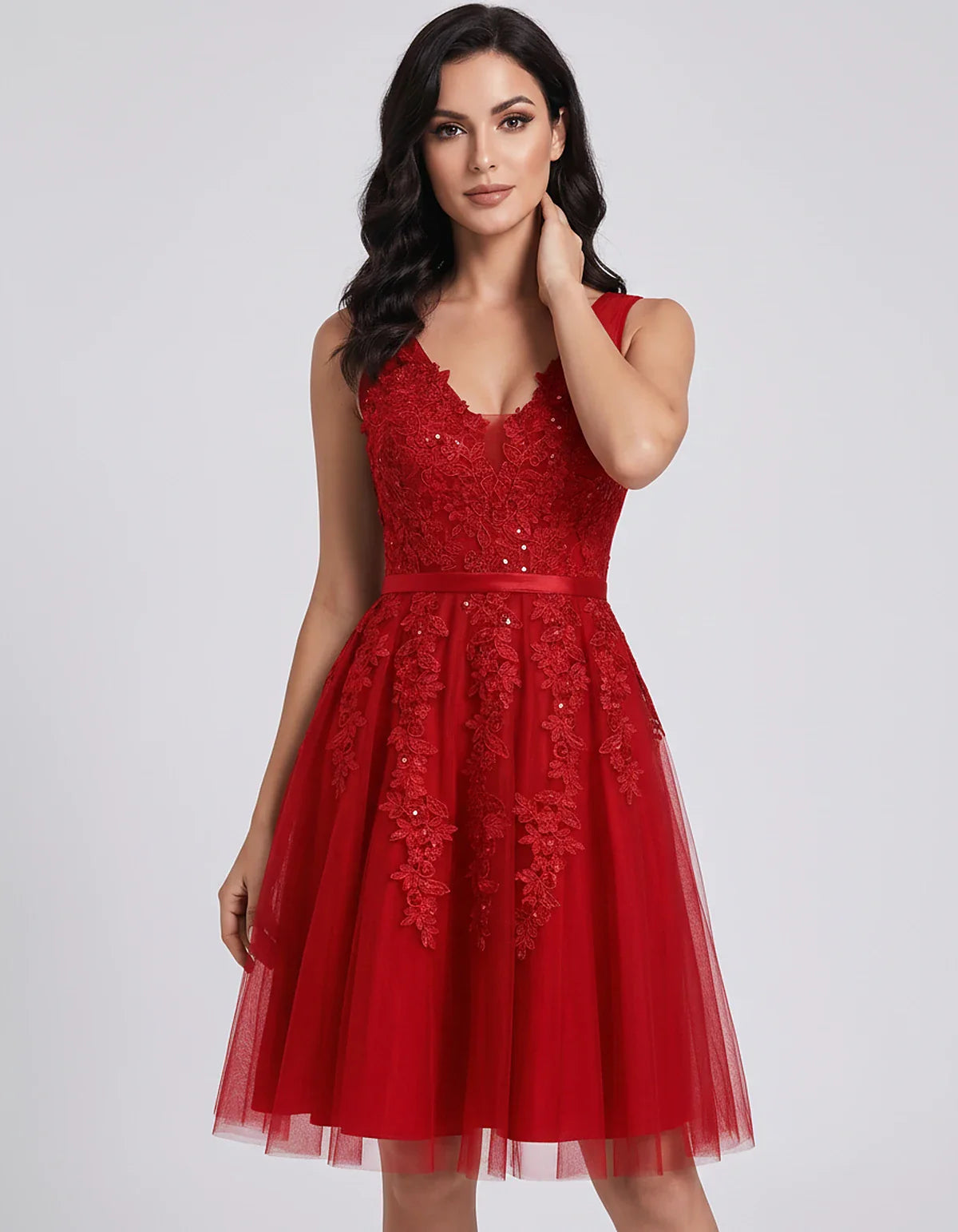Tulle Lace Appliqué Sleeveless V-Neck A-Line Mini Dress for Party, Cocktail, Evening, Wedding Guest, Summer Events, front vie | SKU: AMD-583947261840157-RED-L,AMD-583947261840157-RED-M,AMD-583947261840157-RED-S,AMD-583947261840157-RED-XL,AMD-583947261840157-RED-XS
