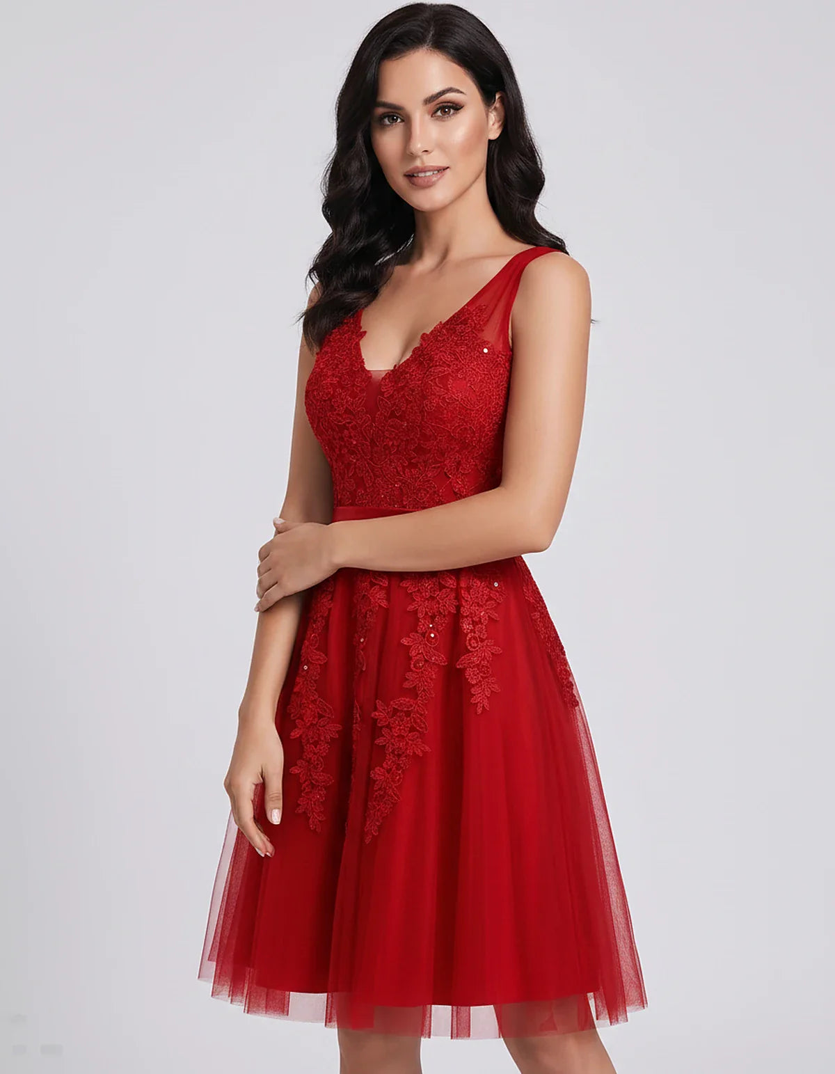 Tulle Lace Appliqué Sleeveless V-Neck A-Line Mini Dress for Party, Cocktail, Evening, Wedding Guest, Summer Events, front vie | SKU: AMD-583947261840157-RED-L,AMD-583947261840157-RED-M,AMD-583947261840157-RED-S,AMD-583947261840157-RED-XL,AMD-583947261840157-RED-XS