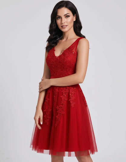 Tulle Lace Appliqué Sleeveless V-Neck A-Line Mini Dress for Party, Cocktail, Evening, Wedding Guest, Summer Events, front vie | SKU: AMD-583947261840157-RED-L,AMD-583947261840157-RED-M,AMD-583947261840157-RED-S,AMD-583947261840157-RED-XL,AMD-583947261840157-RED-XS
