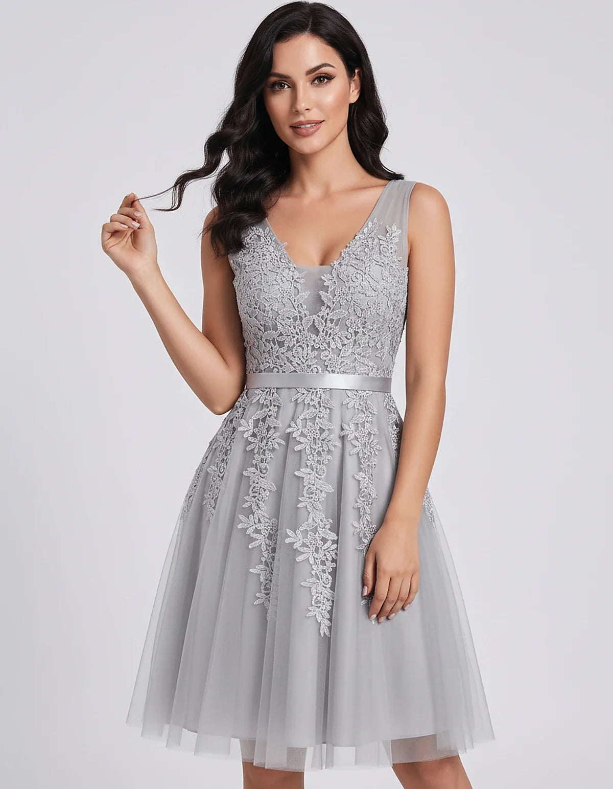Tulle Lace Appliqué Sleeveless V-Neck A-Line Mini Dress for Party, Cocktail, Evening, Wedding Guest, Summer Events, front vie | SKU: AMD-583947261840157-SILVER-L,AMD-583947261840157-SILVER-M,AMD-583947261840157-SILVER-S,AMD-583947261840157-SILVER-XL,AMD-583947261840157-SILVER-XS
