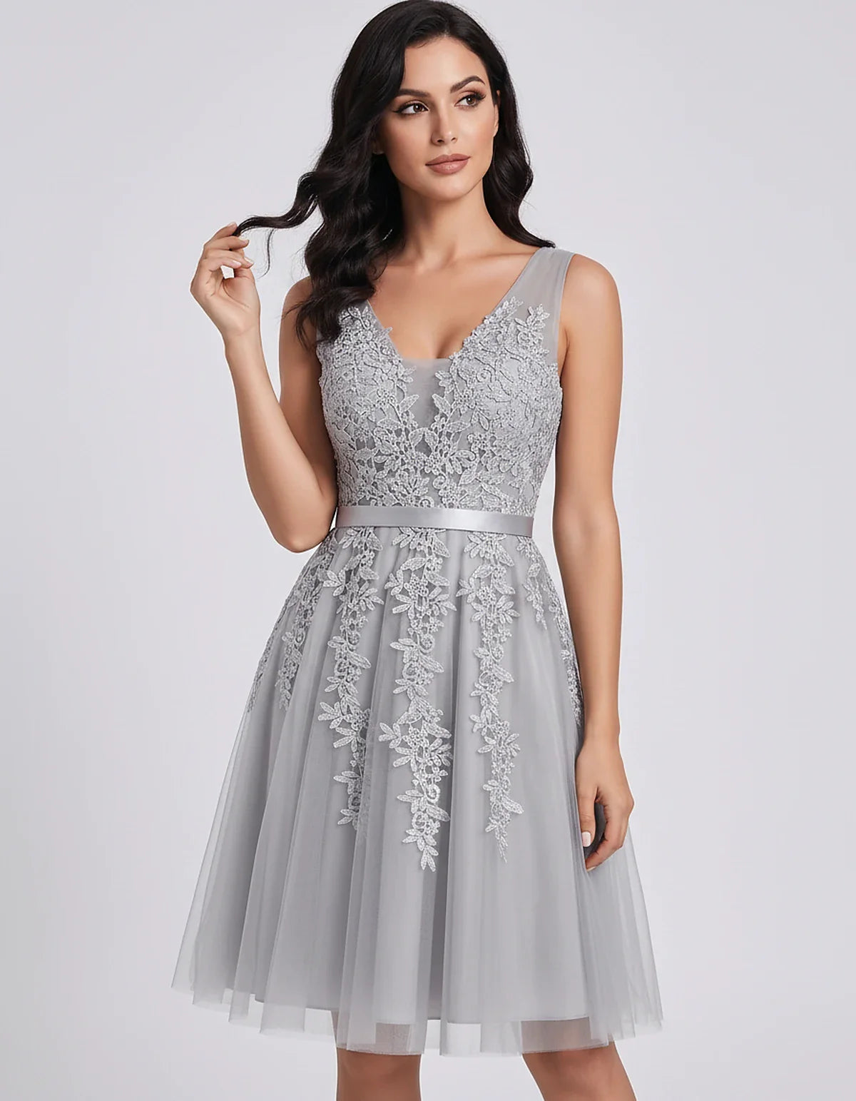 Tulle Lace Appliqué Sleeveless V-Neck A-Line Mini Dress for Party, Cocktail, Evening, Wedding Guest, Summer Events, front vie | SKU: AMD-583947261840157-SILVER-L,AMD-583947261840157-SILVER-M,AMD-583947261840157-SILVER-S,AMD-583947261840157-SILVER-XL,AMD-583947261840157-SILVER-XS