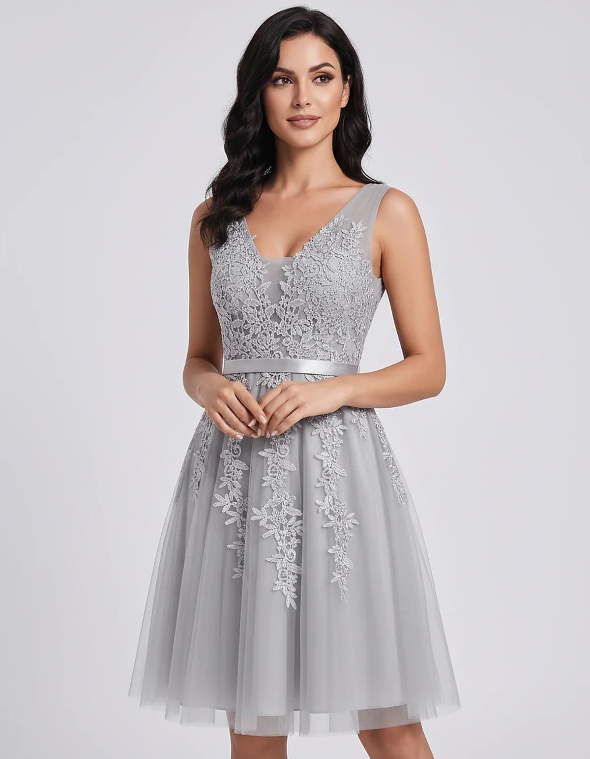Tulle Lace Appliqué Sleeveless V-Neck A-Line Mini Dress for Party, Cocktail, Evening, Wedding Guest, Summer Events, front vie | SKU: AMD-583947261840157-SILVER-L,AMD-583947261840157-SILVER-M,AMD-583947261840157-SILVER-S,AMD-583947261840157-SILVER-XL,AMD-583947261840157-SILVER-XS